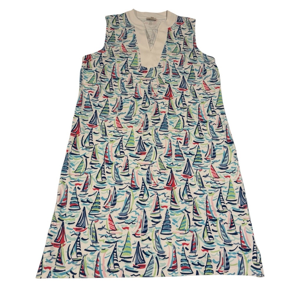 Talbots Nautical White Multi-Color Sailboat Stretch Cotton Dress Size Petite PM